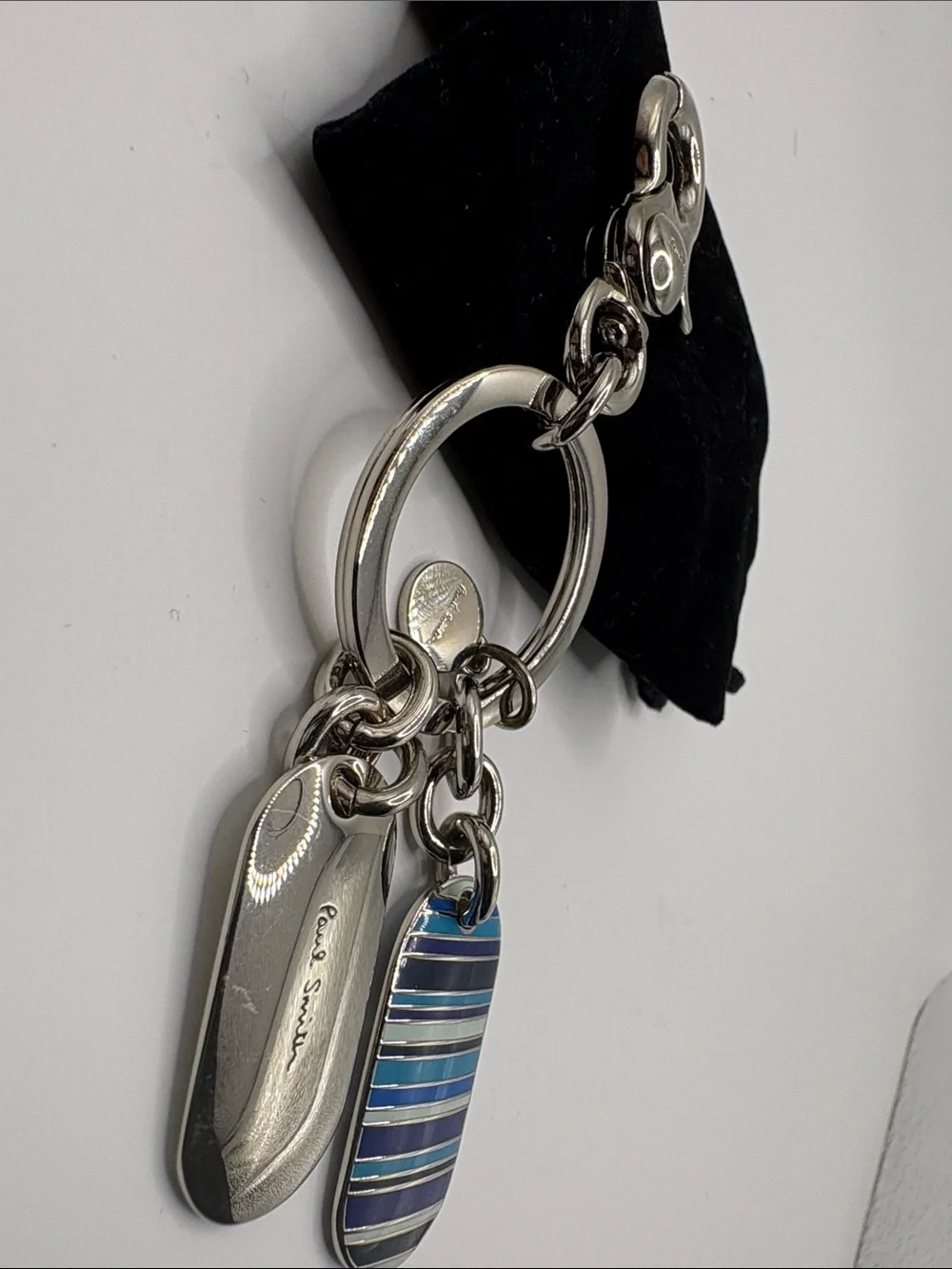 Paul Smith Silver Tone Keyring with Blue and Navy Striped Enamel Charms